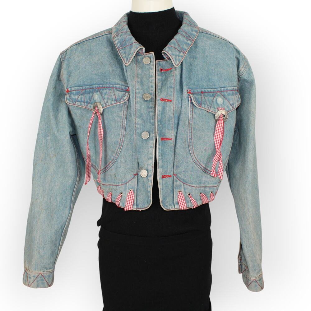 80s Vintage M/L HystericEtVous Crop Denim JeanJacket Western Gingham Cowgirl